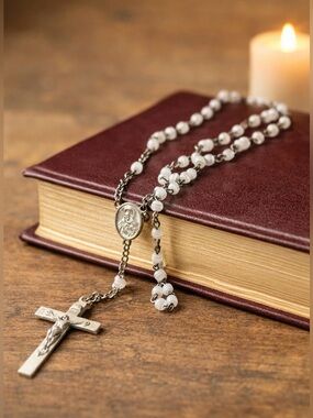 Vintage Catholic Rosary White Glass Beads Sacred Heart Crucifix 15” Pocket